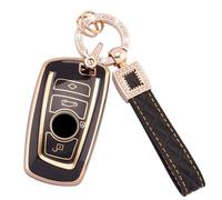 Koaudb Cover Completa Chiave Auto per BMW Portachiavi Cover Soft TPU Oro Nero con Portachiavi in Pelle Cordino Adatto per BMW 1 3 4 5 6 7 Serie X3 X4 M5 M6 GT3 GT5 3 4 Pulsanti Smart Key(BP-BM-4A)