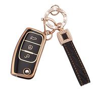 Koaudb Custodia per portachiavi per auto Custodia adatta per Ford Focus Fiesta Galaxy Kuga C-Max S-Max Mondeo MK4 3 pulsanti Flip Custodia pieghevole con cordino portachiavi in pelle (BP-Frd-3F)