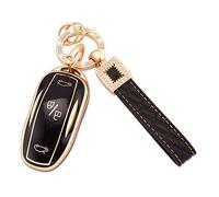 Koaudb per Tesla Key Fob Cover Holder, 3 Bottoni Soft TPU Key Fob Protector con Leather Key Fob Keychain Fit for Tesla Model 3 Model S Model Y Smart Key Fob Case Black Gold (BP-TSL)