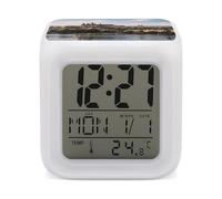 KOAYUBFC Sveglia digitale a LED con 7 colori cangianti con calendario snooze, visualizzazione della temperatura, castello di Praga, sveglia con orologio da comodino a batteria, luce notturna per