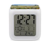 KOAYUBFC Sveglia digitale a LED con 7 colori cangianti con calendario snooze, visualizzazione della temperatura, valle dei fiori selvatici in piena fioritura, sveglia con batteria lampada da comodino