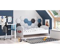 KOBI Letto per bambini con materasso LUK, bianco | per la cameretta dei bambini | per un ragazzo e una ragazza | materasso, rete inclusa | (Auto da corsa, 160x80)
