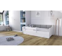 KOBI Letto per bambini Eryk bianco | 160x80| Pannelli imbottiti | Cassetto, materasso, ringhiera | Per la cameretta dei bambini | Per una ragazza | Per un ragazzo (Pannelli grigi)