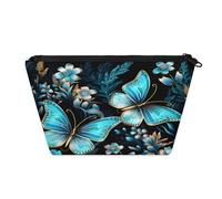 KOBLEN Blue Butterflies Bloom, piccola trousse per cosmetici da donna, impermeabile, con 2 tasche interne in rete, borsa da viaggio portatile per affari, viaggi di famiglia, campeggio, spiaggia