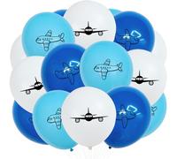 KOBOKO 18 palloncini con aeroplano, 30 cm, palloncini a elio, per compleanno, per aereo, per compleanno, per aerei, per feste di compleanno, per aerei, palloncini blu e bianco, decorazione per feste