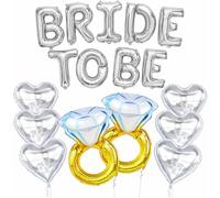 Koboko Bride to Be - Set di 17 palloncini argentati a forma di cuore e anello di diamanti