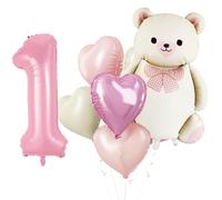 KOBOKO Orso decorazione di compleanno 1 anno ragazza rosa, palloncino per 1° compleanno ragazza, palloncino orsetto decorazione 1 compleanno, palloncino a forma di cuore, 1 anno decorativo compleanno
