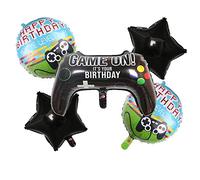 Koboko Set di 5 palloncini in alluminio per compleanno, motivo: controller di gioco, colore nero, stelle e palloncini rotondi a tema Game On
