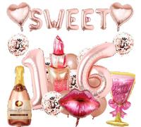 Koboko Sweet - Set di palloncini per 16 compleanno, in oro rosa, con cuore, bottiglia di champagne, labbra e coriandoli, 25 pezzi