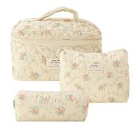 KOBONA 3 pezzi Borsa da toilette di capacità Borsa per cosmetici per donne Ragazze Borsa da viaggio floreale in cotone trapuntato Borsa per trucchi da viaggio estetica Coquette Borsa da toi