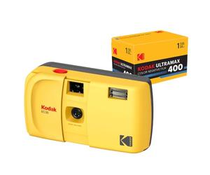 KODAK EC35 - Fotocamera a pellicola da 35 mm, riutilizzabile, senza messa a fuoco, flash integrato, copertura scorrevole, compatibile con principianti (Giallo burro) Kodak Ultramax 400/24 35mm