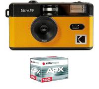 KODAK Pack F9 argento + pellicola 100 ASA - Fotocamera ricaricabile 35 mm giallo, obiettivo grandangolare fisso, mirino ottico, flash integrato + pellicola APX 100, 36 posizioni