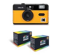 KODAK Ultra F9 - Fotocamera in argento riutilizzabile da 35 mm, obiettivo fisso da 31 mm F/9, flash incorporato, ricarica semplice, riavvolgimento manuale, giallo + 2 pellicole a colori 24 esposizioni