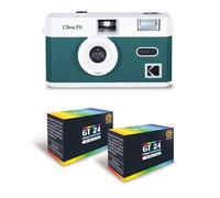 KODAK Ultra F9 - Fotocamera in argento riutilizzabile da 35 mm, obiettivo fisso da 31 mm F/9, flash incorporato, ricarica semplice, riavvolgimento manuale, verde notte + 2 pellicole a colori 24