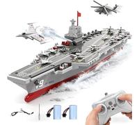 Kodbiby Nave da guerra telecomandata 2.4G, barca RC con doppia velocità, funzione spray d'acqua, assemblaggio di portaerei telecomandato fai da te per giochi d'acqua all'aperto