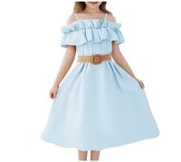 KODMNSW Abito da bambina a linea, abito da festa, senza spalline, abito estivo per bambini, in chiffon, tinta unita, per il tempo libero, 6-13 anni, Azzurro, 12-13 Anni