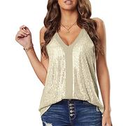 KOECMY Canotte da Donna Camicetta Top Senza Maniche Paillettes Scollo a V Corto Top Slim Fit Canotta Camicia (Albicocca,XL)