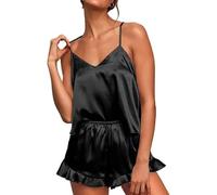 KOEMCY 2 Pezzi Pigiama Donna Seta Corto Top Cami Scollo V con Spalline Regolabili Pantaloncini Corti con Elastico in Vita Abbigliamento da Notte (L)