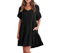 KOEMCY Abiti Donna Estivi Casual Vestiti Donna Vestito Corto Comodo Abito Ruffles V Collo Casuale Swing Vita Midi Abito con Tasche (Nero,M)