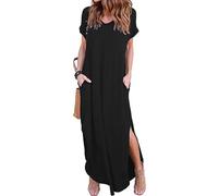 KOEMCY Abito a Camicia a Maniche Corte Abiti Lunga Estivo Donna Scollo a V Vestito Donna Elegante Gonna Lunga a Party Cocktail Clubwear Nero Largo Vestiti (Nero L)