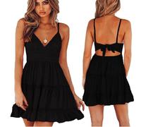 KOEMCY Abito Elegante Donna Mini Spaghetti Strap Abiti Sexy Senza Maniche Vestiti Donna Eleganti Schiena Bassa Abito Corto Senza Fiocco Vestito con Volant (S)