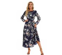 KOEMCY Abito Lungo Casual Morbido a Maniche Lunghe da Donna Scollo Rotondo Vestito Midi Boho Floreale Chiffon Vestiti (Blu,M)