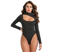 KOEMCY Body Donna Manica Lunga Elegante Donna Tuta Aderente Nero Bodysuit Donna Pagliaccetto Elasticizzato Tinta Unita Casuale Jumpsuits Tops, M