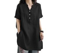 KOEMCY Camicetta Donna Manica Corta in Lino e Cotone Scollo a V con Bottoni Casual Blouse Tinta Unita Estive Blusa Top Camicie di Comoda e Traspirante Classico Maglietta(Verde/2XL)