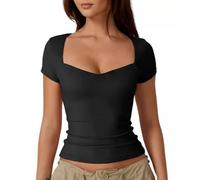 KOEMCY Camicia Sportiva da Donna Maniche Corte con Scollo a Cuore Crop Top Leggero Slim Salfleeve Maglietta Sportiva Ad Asciugatura Rapida Sport Yoga (Nero S)