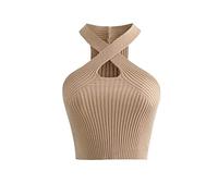 KOEMCY Canotta Donna Crop Canotte Estive Crop Top Sexy Canottiera Canotta a Tinta Unita in Stile Casual Incrociata Tagliata Senza Maniche Crop Top Canotta (Cachi)