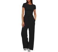 KOEMCY Completi Donna Estivi Casual Moda Set di Pantaloni Casa Jogging Yoga Elegante Tuta Completa Top Slim Fit e Lunghi Pantaloni con Tasche e Coulisse (Nero,L)