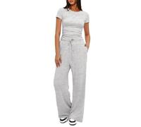 KOEMCY Completi Donna Estivi Casual Moda Set di Pantaloni Casa Jogging Yoga Elegante Tuta Completa Top Slim Fit e Lunghi Pantaloni con Tasche e Coulisse (Grigio Chiaro,S)