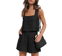 KOEMCY Completo Lino Donna 2 Pezzi Senza Maniche Collo Quadrato Canotta Lino e Vita Alta Pantaloncini Elegante Tuta Casual Estiva Completi per Spiaggia Vacanza Nero