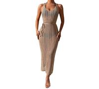 KOEMCY Copricostume Donna Mare Sexy Uncinetto Hollow out Senza Maniche Vestito da Spiaggia Lunghi con Spacco Laterale Copricostumi da Bagno Bikini Cover Up (Cachi)