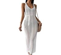 KOEMCY Copricostume Donna Mare Sexy Uncinetto Hollow out Senza Maniche Vestito da Spiaggia Lunghi con Spacco Laterale Copricostumi da Bagno Bikini Cover Up (Bianco)
