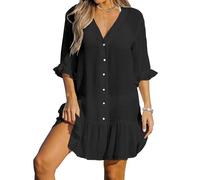KOEMCY Copricostume Donna Vestito Mare Casual Bikini Cover Up Abito da Spiaggia Estivo Copricostume da Bagno Maniche Corte Scollo a V per Le Vacanze al Mare (Nero L)