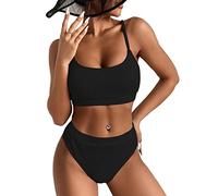 KOEMCY Costume da Bagno Donna Vita Alta Bikini Set Triangolo Sexy Due Pezzi Spiaggia Swimwear Estate (Nero, S)