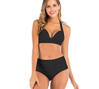 KOEMCY Costume Donna Due Pezzi Halter Bikini Set Vita Alta Costumi Mare Contenitivo Bikiniset Elegante Modellante Tankini Pantaloncino No Segno Abbronzatura Costume Curvy