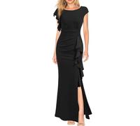 KOEMCY Donna Abiti con Spacco Lungo Abito con Volant Tinta Unita con Scollo Rotondo Cocktail Abito Maxi Party Abiti da Sposa Sera Elegante Bodycon (Nero L)