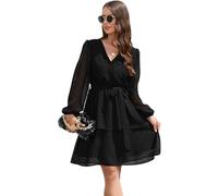 KOEMCY Donna Vestiti Boho Maniche Lunghe Vestito Elegante Svizzero DOT A-Line Chiffon Scollo a V Casual Abito Corto Autunno Inverno (Nero,S)