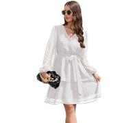 KOEMCY Donna Vestiti Boho Maniche Lunghe Vestito Elegante Svizzero DOT A-Line Chiffon Scollo a V Casual Abito Corto Autunno Inverno (Bianco,L)