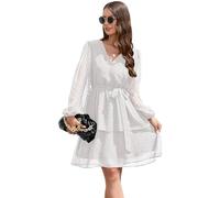 KOEMCY Donna Vestiti Boho Maniche Lunghe Vestito Elegante Svizzero DOT A-Line Chiffon Scollo a V Casual Abito Corto Autunno Inverno (Bianco,S)