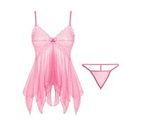 KOEMCY Lingerie Donna Pizzo Babydoll Asimmetrico Set Completo Intimo Abbigliamento Trasparente Elegante Camicia da Notte Completi Intimi Sexy con Perizoma