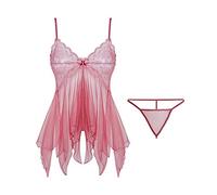 KOEMCY Lingerie Donna Pizzo Babydoll Asimmetrico Set Completo Intimo Abbigliamento Trasparente Elegante Camicia da Notte Completi Intimi Sexy con Perizoma