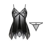 KOEMCY Lingerie Donna Pizzo Babydoll Asimmetrico Set Completo Intimo Abbigliamento Trasparente Elegante Camicia da Notte Completi Intimi Sexy con Perizoma