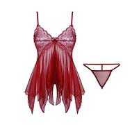 KOEMCY Lingerie Donna Pizzo Babydoll Asimmetrico Set Completo Intimo Abbigliamento Trasparente Elegante Camicia da Notte Completi Intimi Sexy con Perizoma