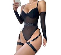 KOEMCY Lingerie Donna Pizzo Body Trasparente con Maniche Lunghe Set Completo Intimo Elegante Bodysuit Reggicalze Abbigliamento Notte Seducente