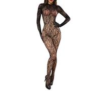 KOEMCY Lingerie Donna Pizzo Trasparente Body Intero Maniche Lunghe Abbigliamento Intimo Sexy Completo Elegante Tutina Rete Floreale Catsuit Bodysuit Jumpsuit
