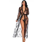 KOEMCY Lingerie Donna Pizzo Vestaglia Lunga Trasparente Completo Intimo Abbigliamento Notte Elegante Set Kimono Floreale Vestito Sensuale Camicia da Notte