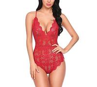 KOEMCY Lingerie Donna Sexy Babydoll Camicia da Notte Trasparente Intima da Notte Scollo a V Pizzo Lingerie Hollow Halter Lingerie Body Sexy Pigiama Set Erotico Sleepwear (Rosso, M)